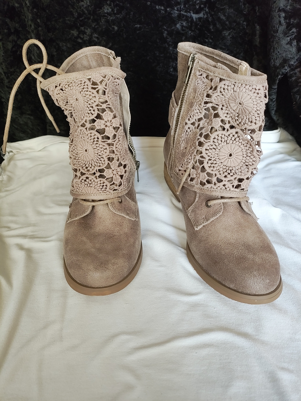 Not Rated Crochet Lace Suede Ankle Boots - Light Taupe